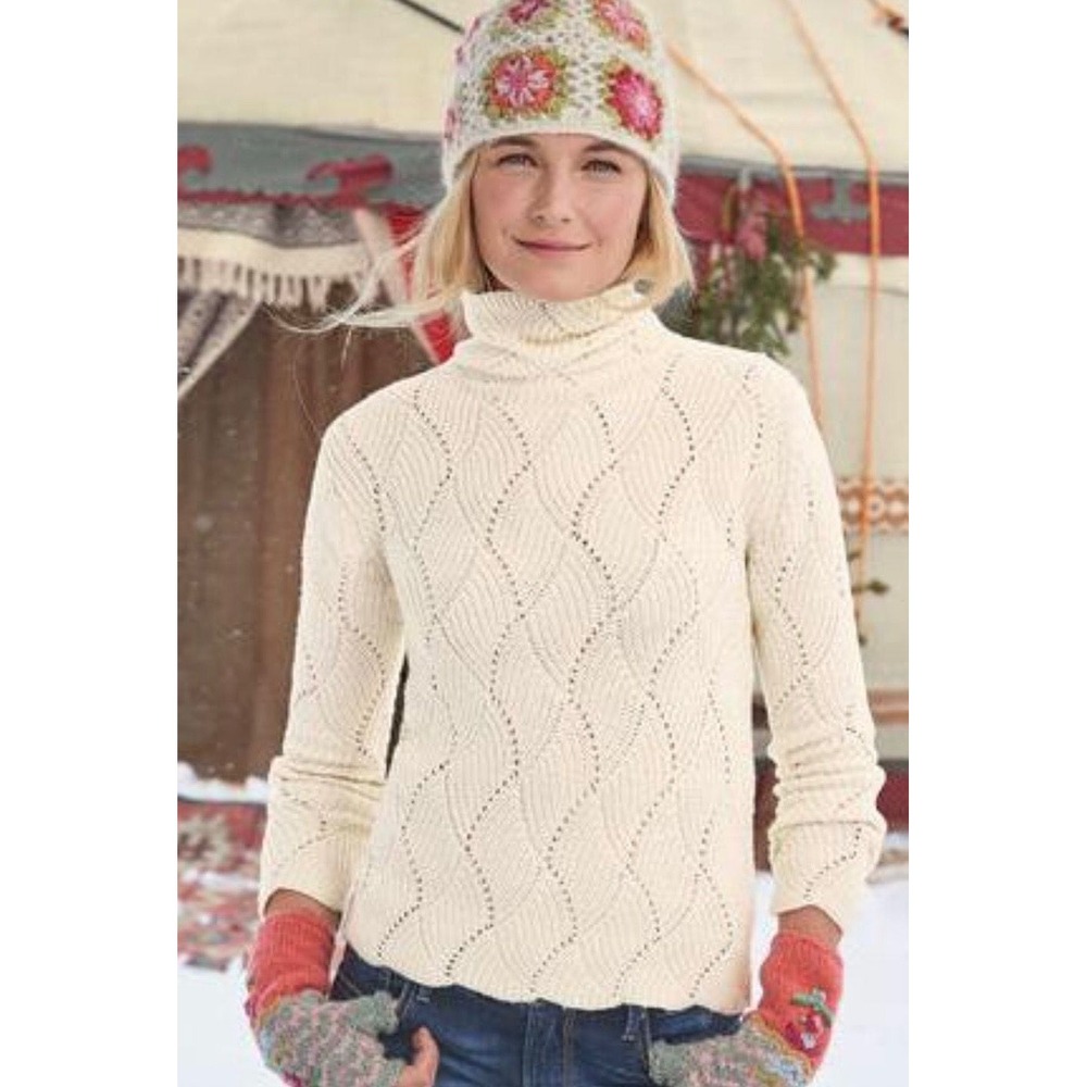 Sundance Women Ivory White Pointelle Knit Silk Cotton Blend Turtleneck Sweater M